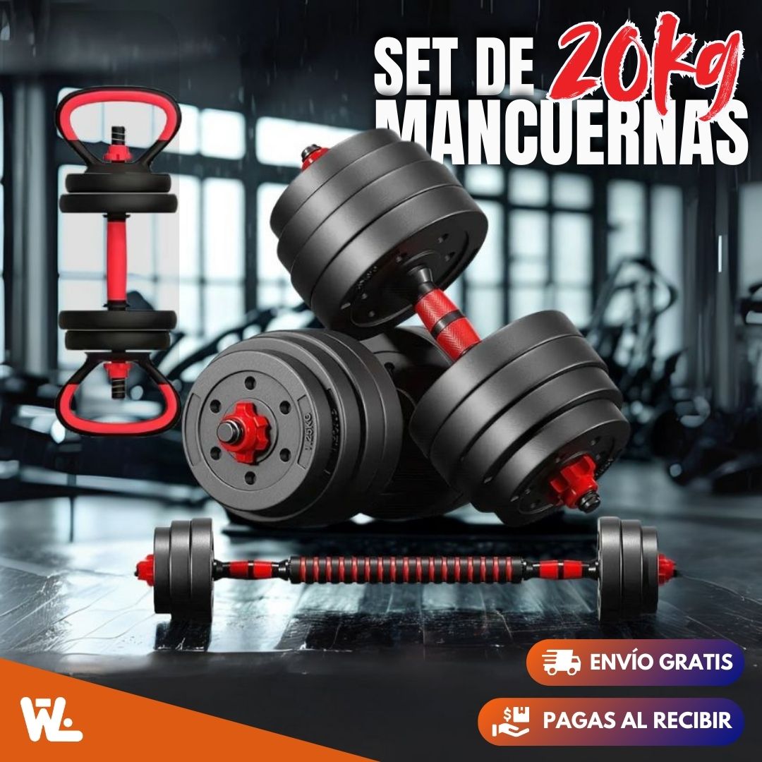 Set de Mancuernas X20kg con Kettlebells y Barra