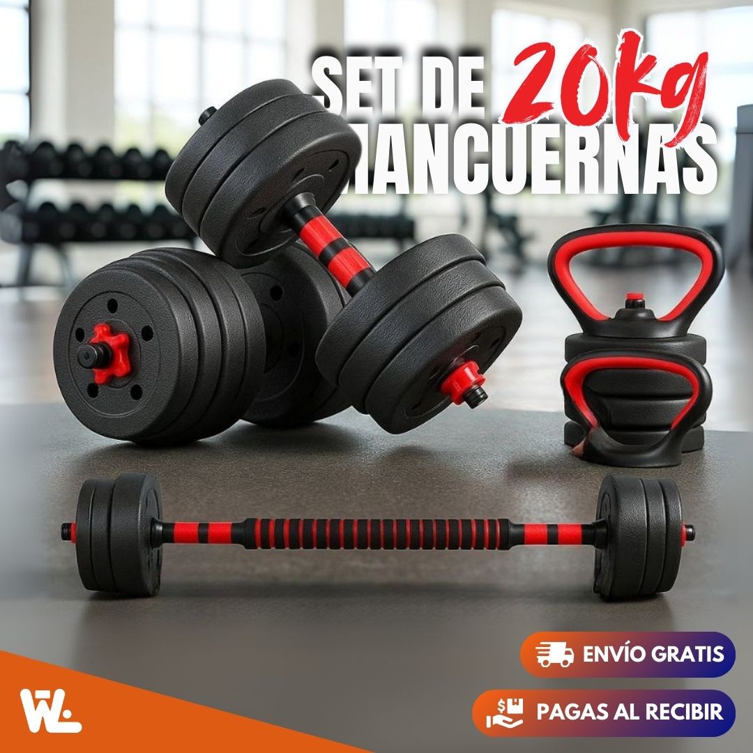 Set de Mancuernas X20kg con Kettlebells y Barra