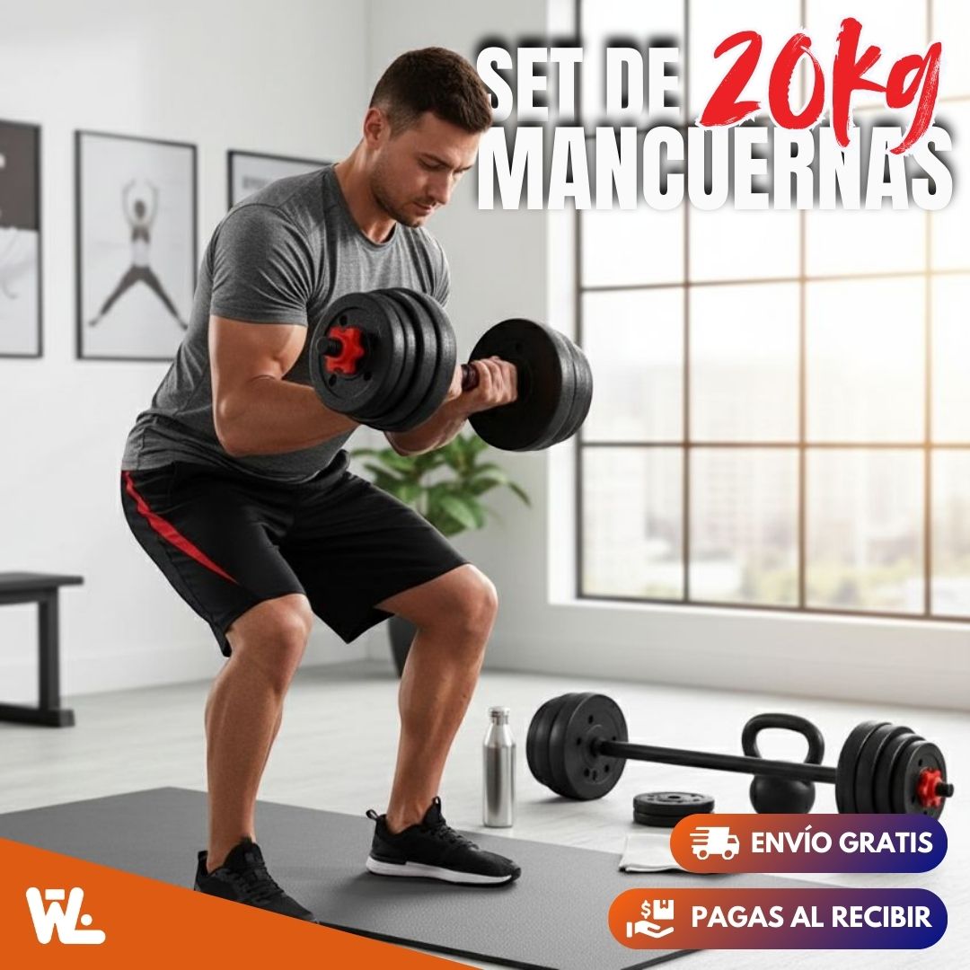 Set de Mancuernas X20kg con Kettlebells y Barra