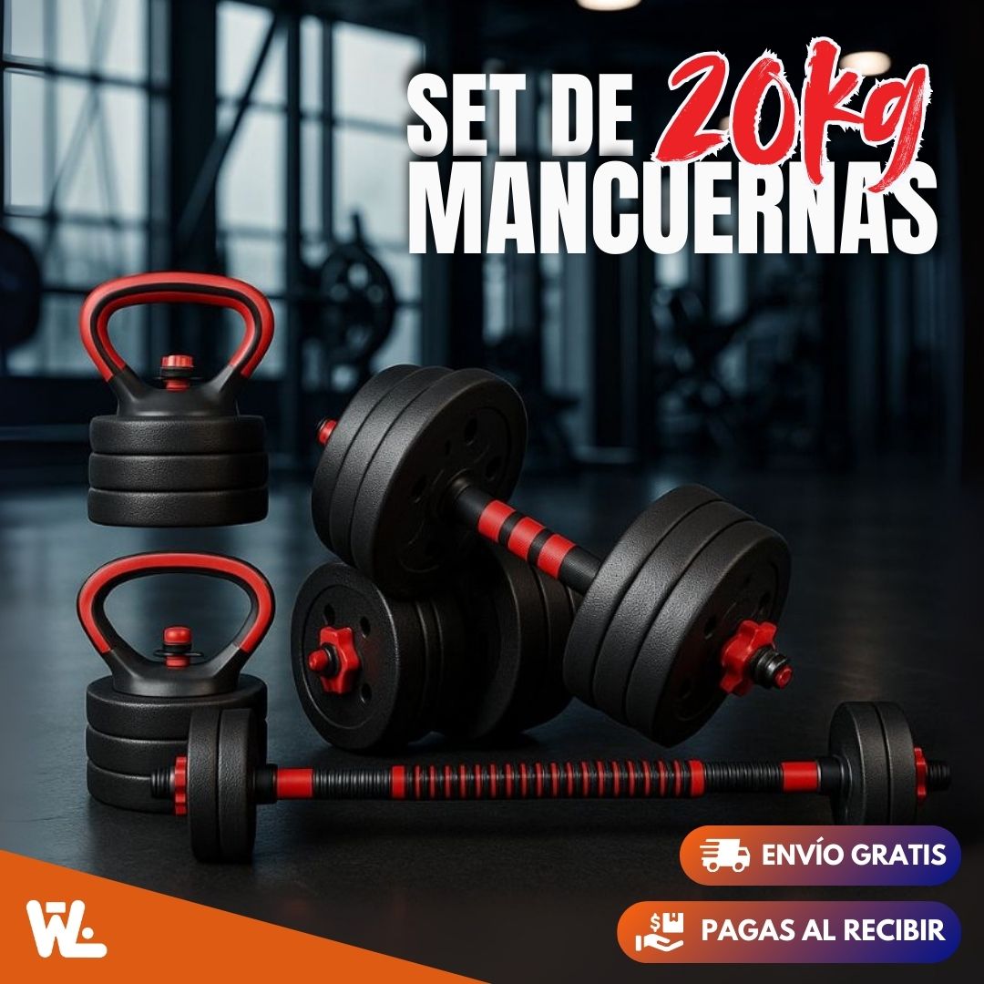 Set de Mancuernas X20kg con Kettlebells y Barra